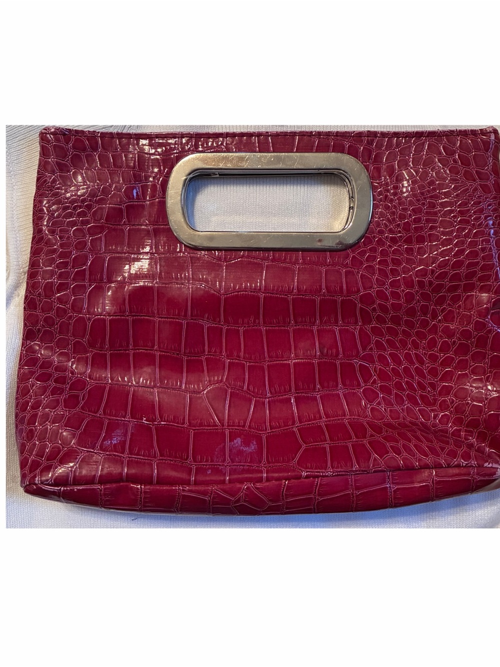 Croc-Embossed Red Handheld Clutch with Silver Cutout Handle